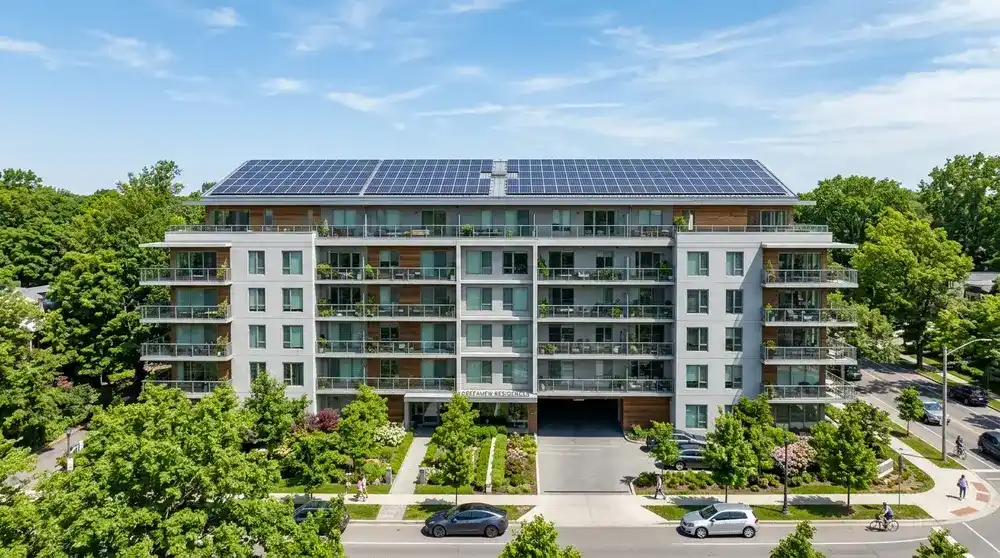 Tejado de edificio con placas solares comunitarias