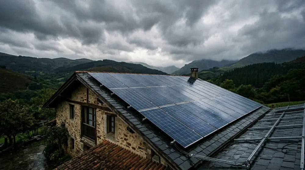 Casa con placas solares bajo el cielo de Galicia