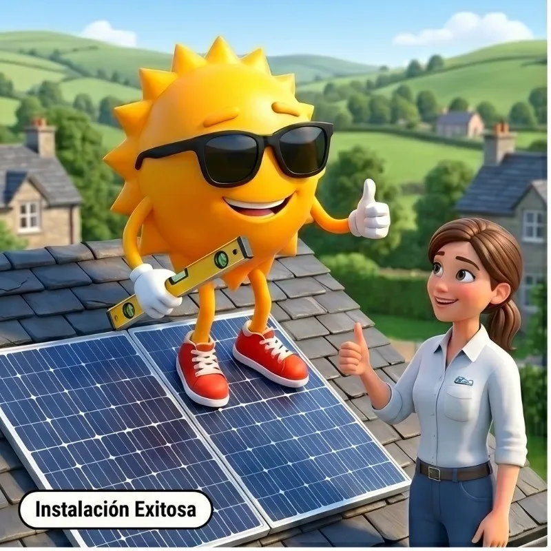 Sunny, la mascota de Solariña, sobre un tejado con placas solares recién instaladas en A Coruña